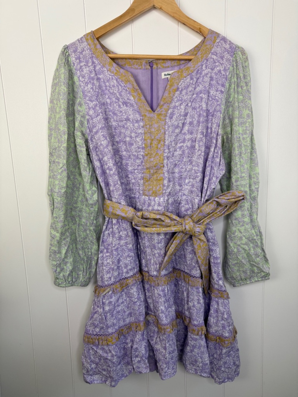 Roller Rabbit Cotton Lavender Light Green Tiered Long-Sleeve Dress Gold Trim L